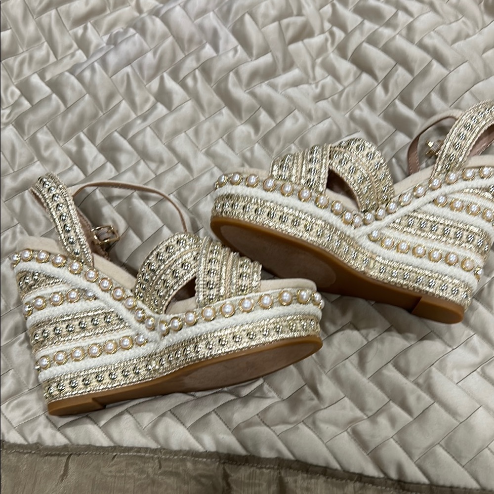 Steve Madden Cream Beaded Wedge Sandals